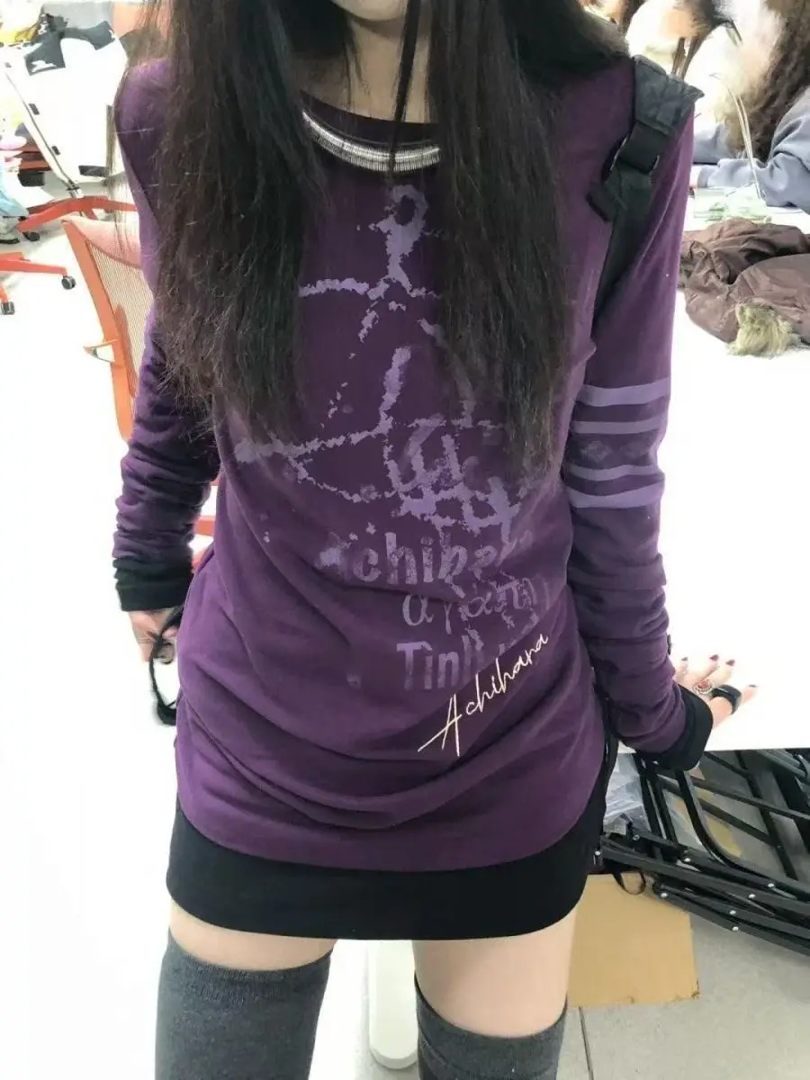 

New Women's Long Sleeve Top Japanese Y2k Letter Print Purple T-shirt Grunge 2000s Style Vintage Harajuku Slim Fit Trend 2025