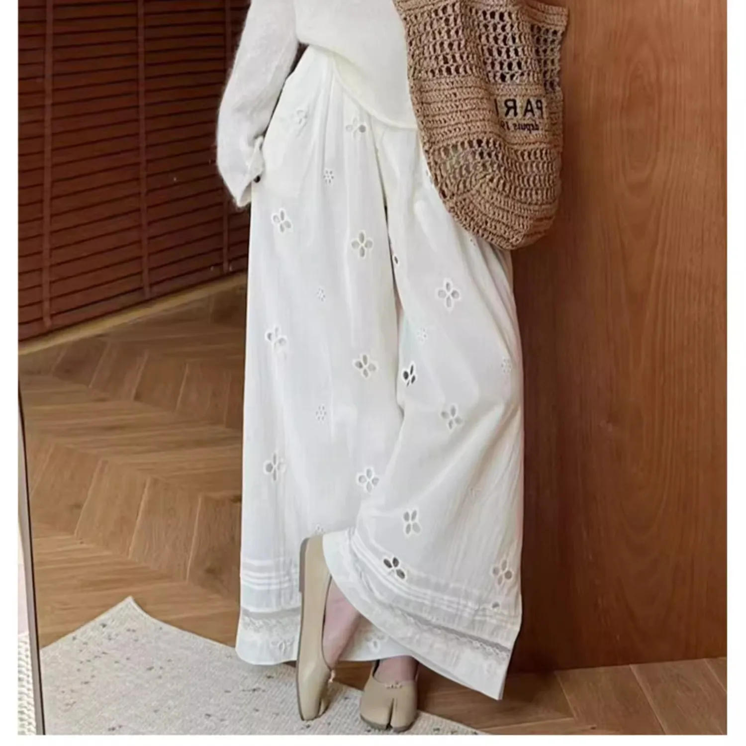 

Korean Fashion Hollow Out Lace Splicing Wide-leg Pants Female Summer 2025 Embroidery High-waisted Loose Cotton Trousers