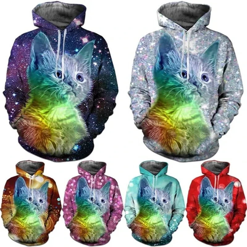 Print flower hat sweatshirt Star Sky Cat cute women and men, casual hooded sweatshirt, long sleeve sweater, fashion clothing