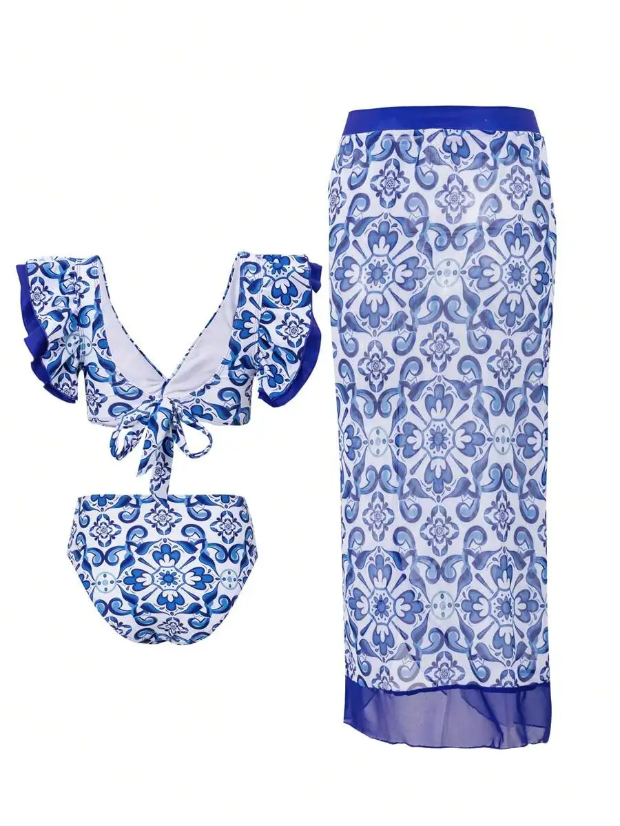 

Blue And White Floral Print Ruffled Bikini With Tie-Back Top, High-Waisted Bottoms Sheer Cover-Up Skirt For Summer