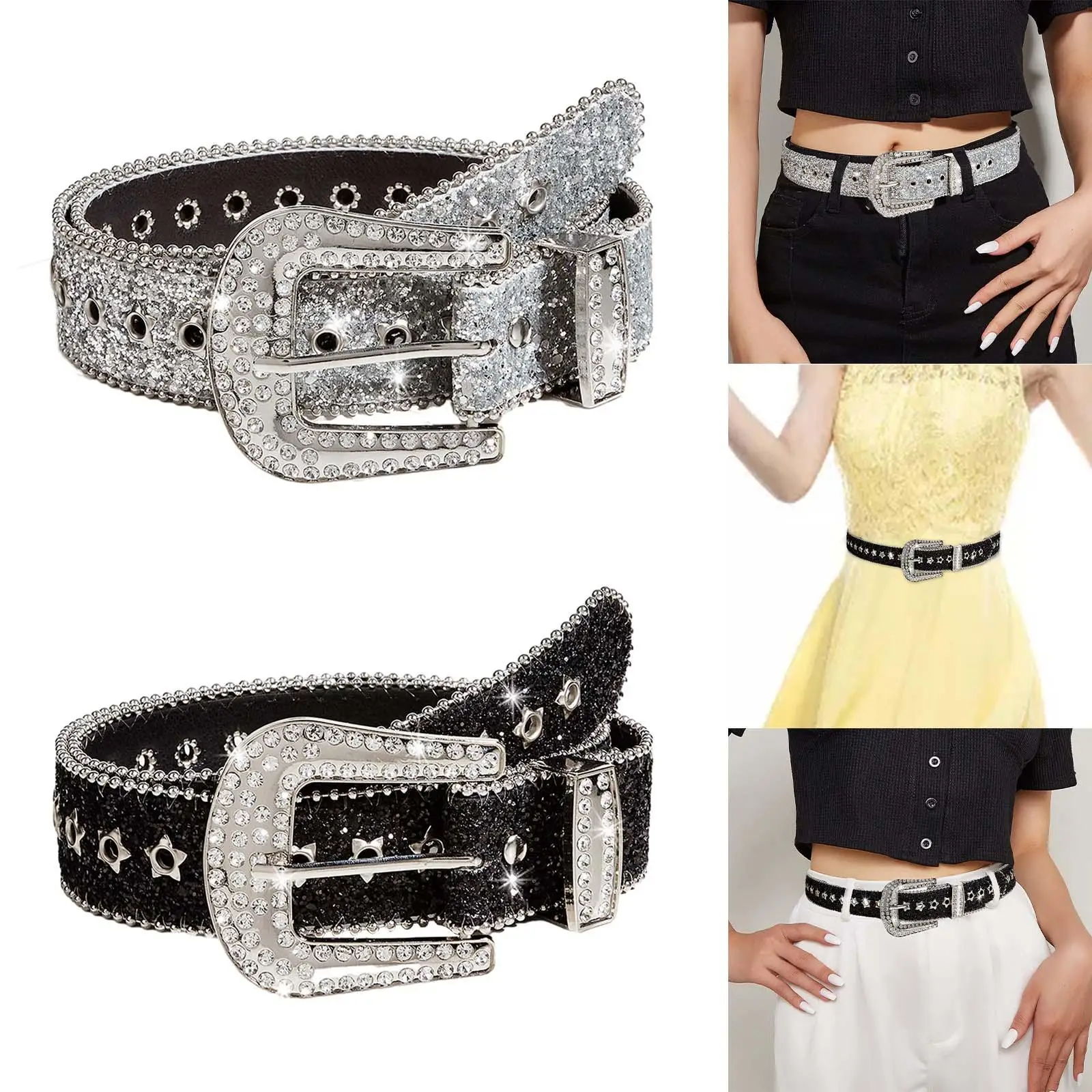 Rhinestone Belt Eyelet Belt Prong Buckle for Girls for Women Men Trendy Waist Belt PU Leather Belt for Trousers Dress Shorts