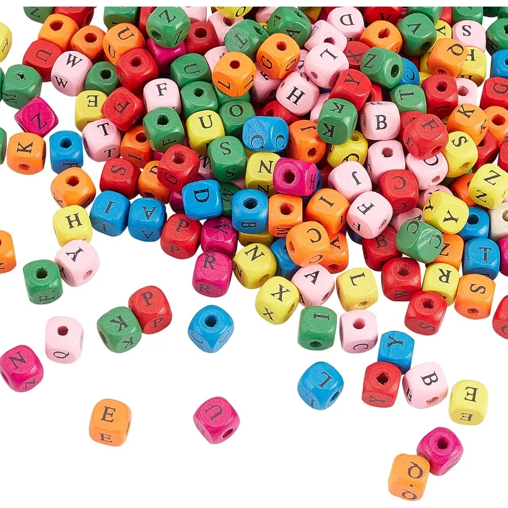 

300pcs Alphabet Wooden Beads Colorful Wood Letter Beads 10mm Square Cube Letter Beads Random Mixed Letters Dyed Wooden