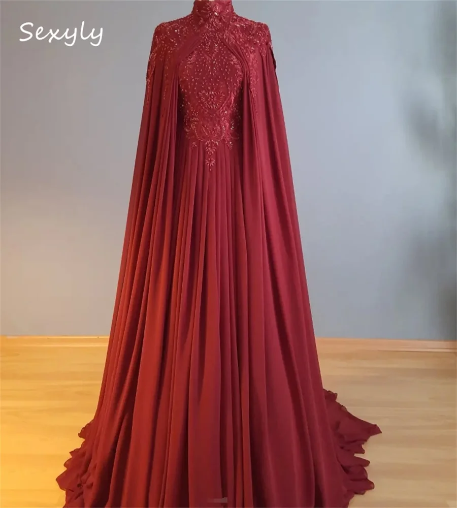 Traditional Dark Red Muslimah Wedding Dress Long Sleeve Caftan Moroccan Bridal Dress Appliques Lace Circassian Bride Customized