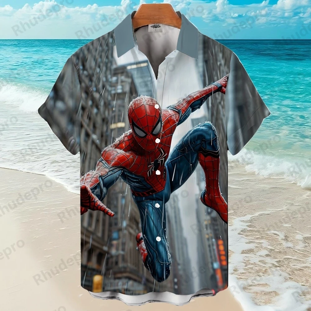 ديزني الرجل العنكبوت خارقة الصيف ثلاثية الأبعاد قمصان الرجال قمصان هاواي الشارع الكرتون قمصان عادية قمصان الموضة Ropa De Hombre #5