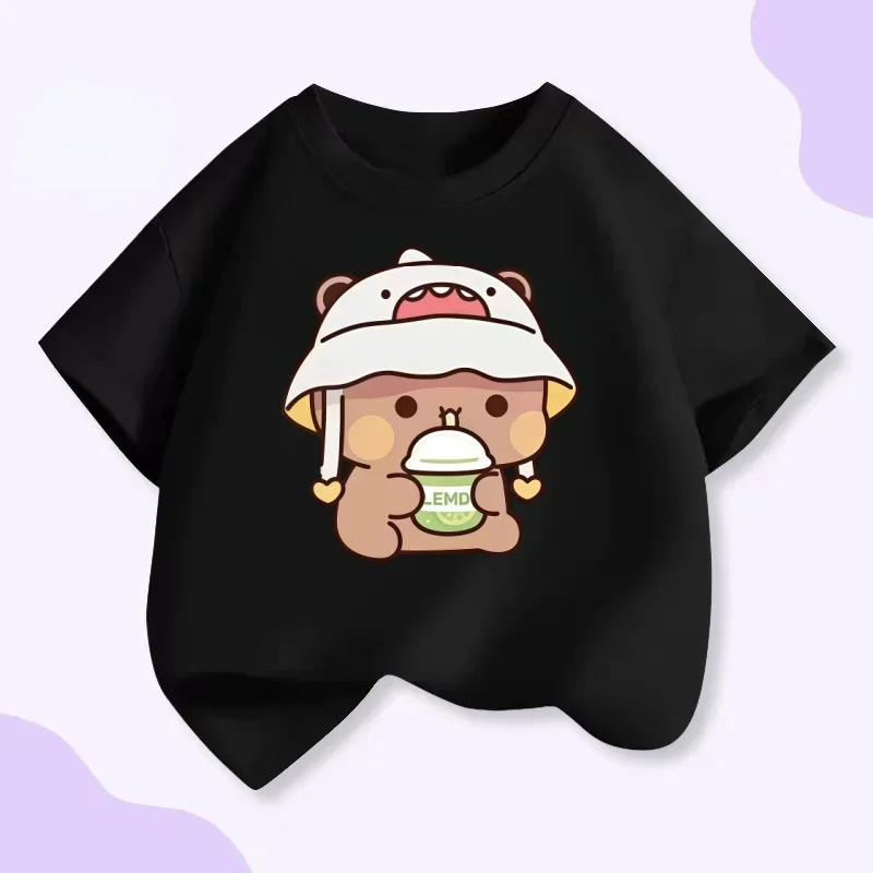 رائعتين الدب شرب الليمون الشاي الاطفال قصيرة الأكمام تي شيرت الصيف القطن الخالص للجنسين الكرتون طباعة الأعلى #3