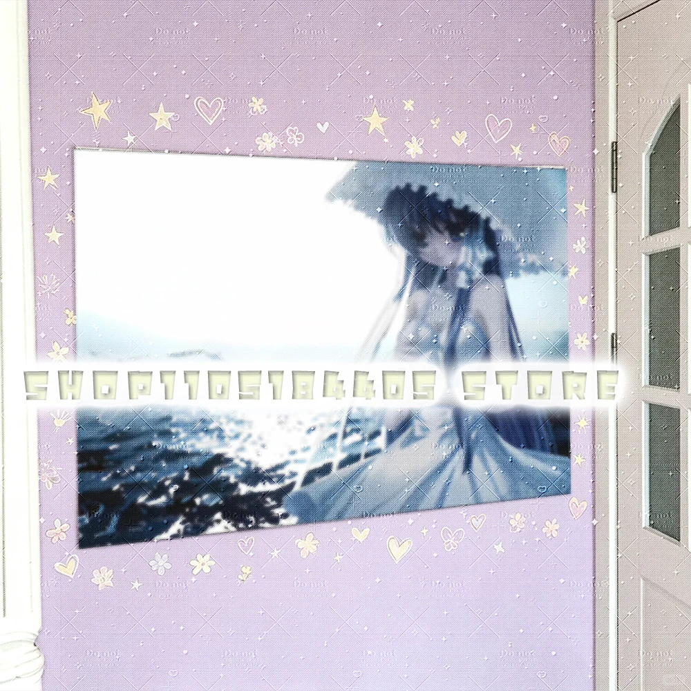 Blue Mist Sea Tapestry, Desaturated Cool Tone Melancholy Anime Character with Floor-Length Dark Hair, White Ruffled Parasol & Fl