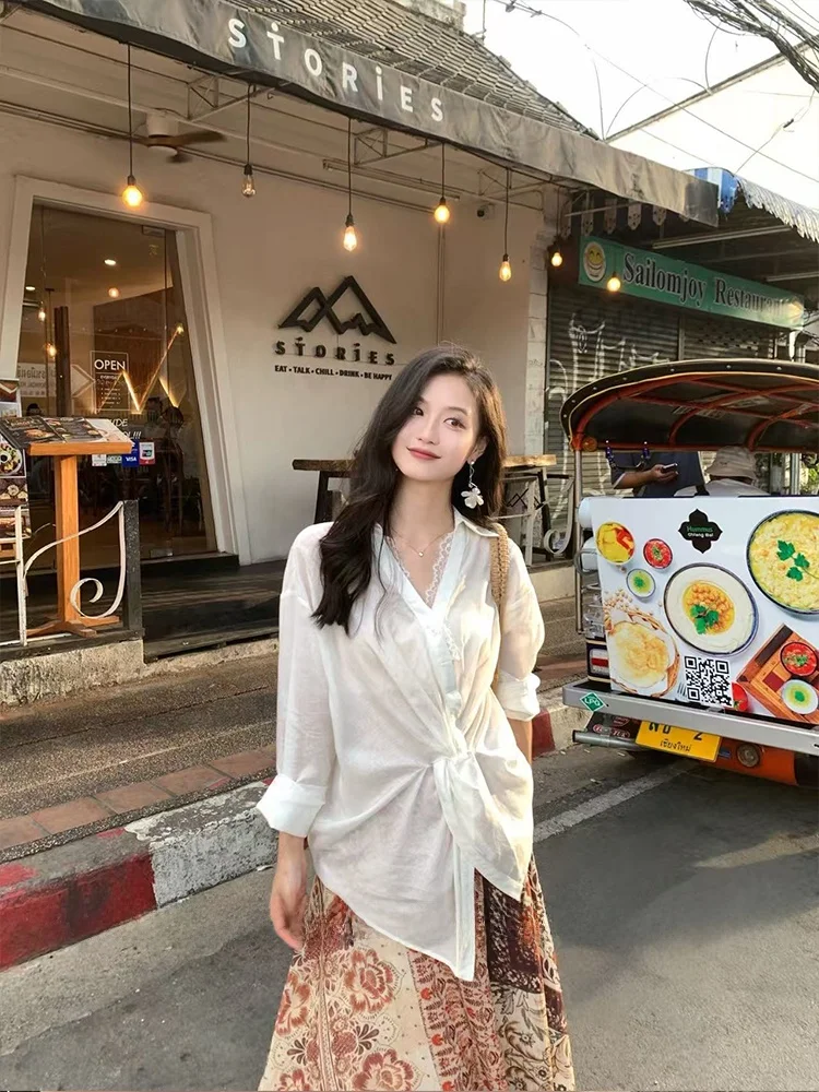 

Женская блузка Tina Fairy Lace Knot, премиум-качество, летняя коллекция 2025, смесь полиэстера, на пуговицах, повседневная, для офиса