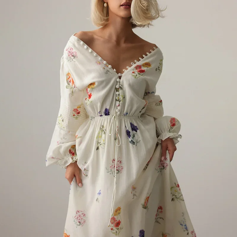 

Lavender Floral Print Deep Neck Maxi Dress Lantern Sleeve High Waist Commuter Robes 2025 New Lady Summer Vacation Party Clothing