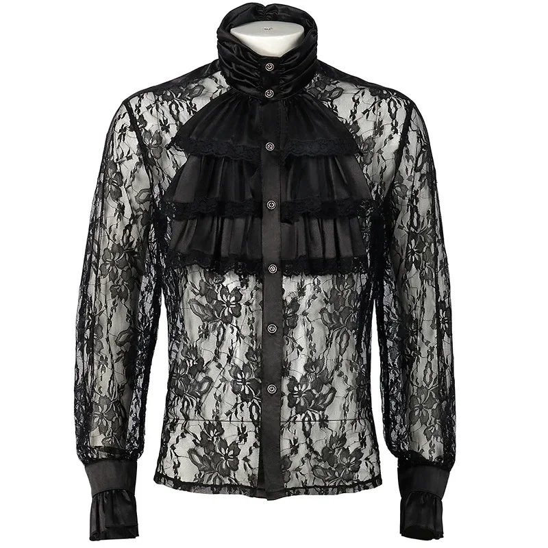 Halloween Tops Hip Hop Shirts Dress Up Tops Lace Clothing Medieval Men Lace Shirt With Jabot Victorian Shirt New Men Gothic