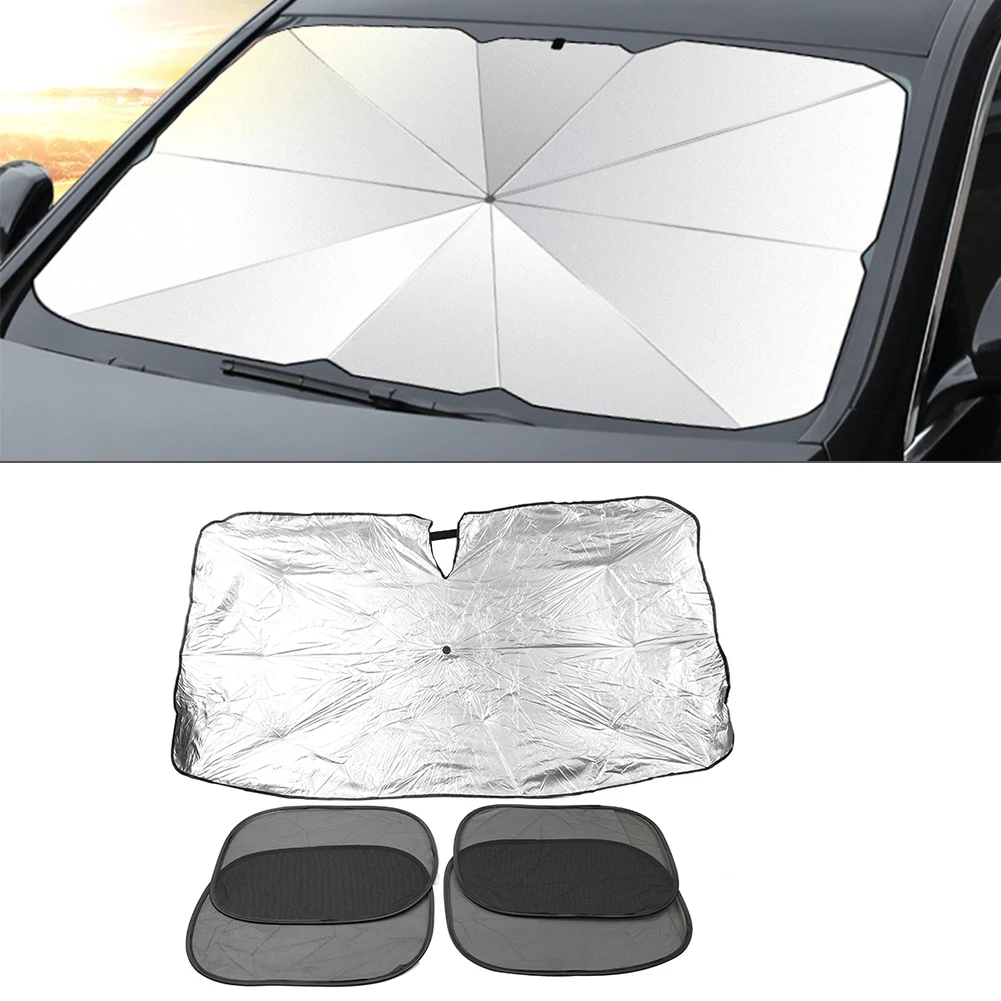 Front Window Cover Visor Umbrella Foldable Umbrella Car Windshield Sun Shade 5 Pcs Cloth with Titanium Silver Coating