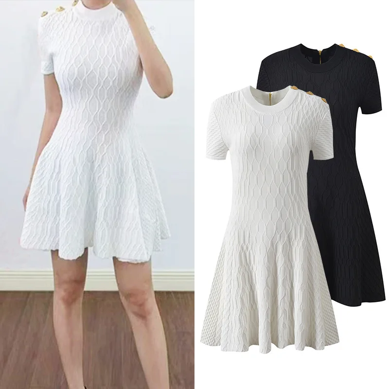 

Elegant Women's Knitted Mini Dress Spring Summer A-Line Short Sleeve Zipper Back Slim Fit Office Dress for Ladies 2026