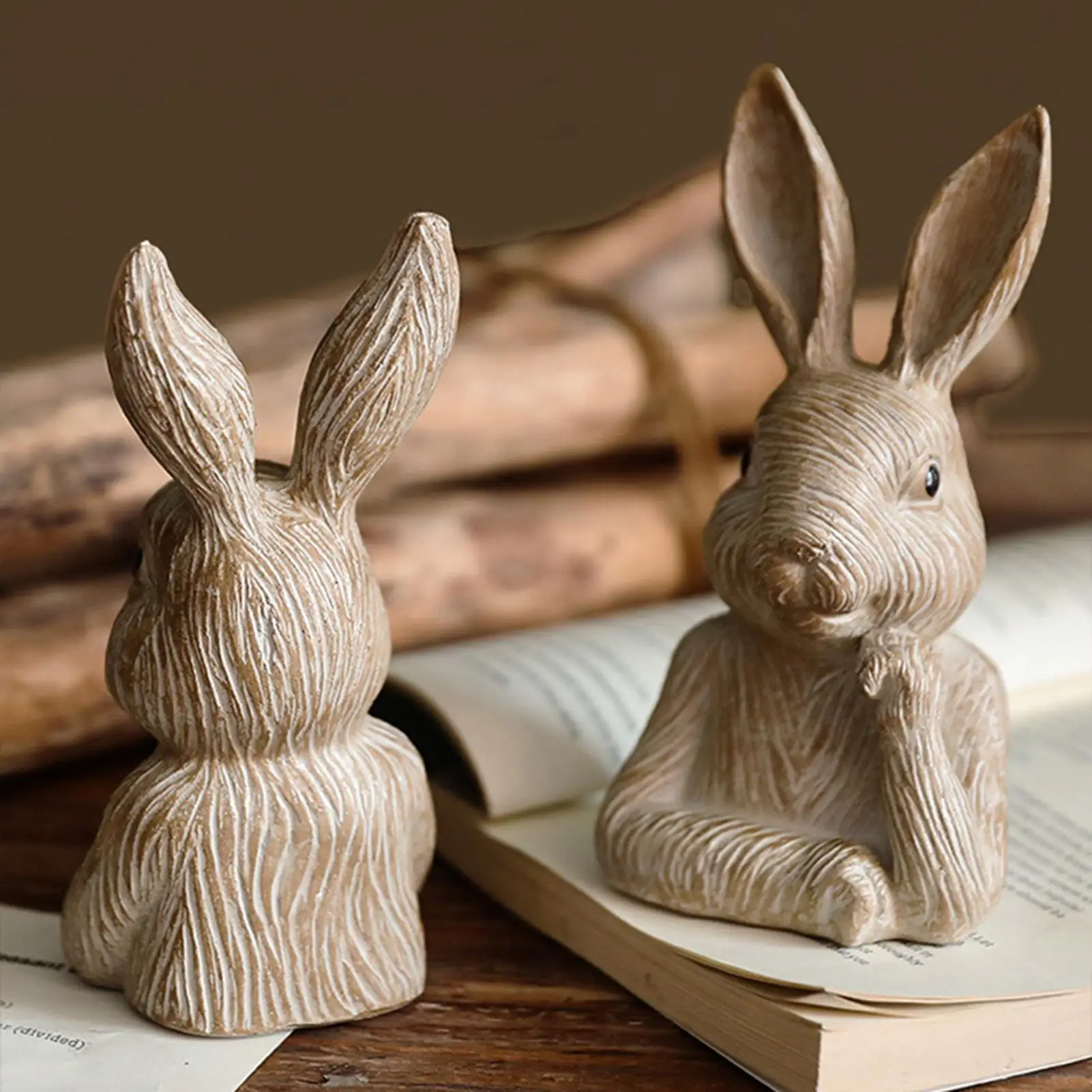 2pcs resin rabbit garden statues, rabbit bust sculptures, rustic farmhouse Easter decorations, indoor and outdoor rabbit decors