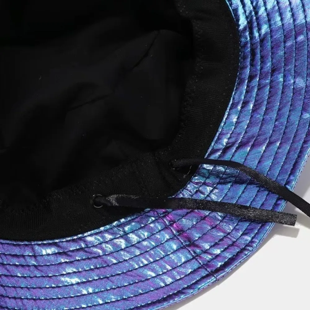 Leather Luminous Bucket Hat Wide Brim Single Sided Laser Rainbow Fisherman Hat Solid Color Gold Shiny Sun Cap Outdoor Travel