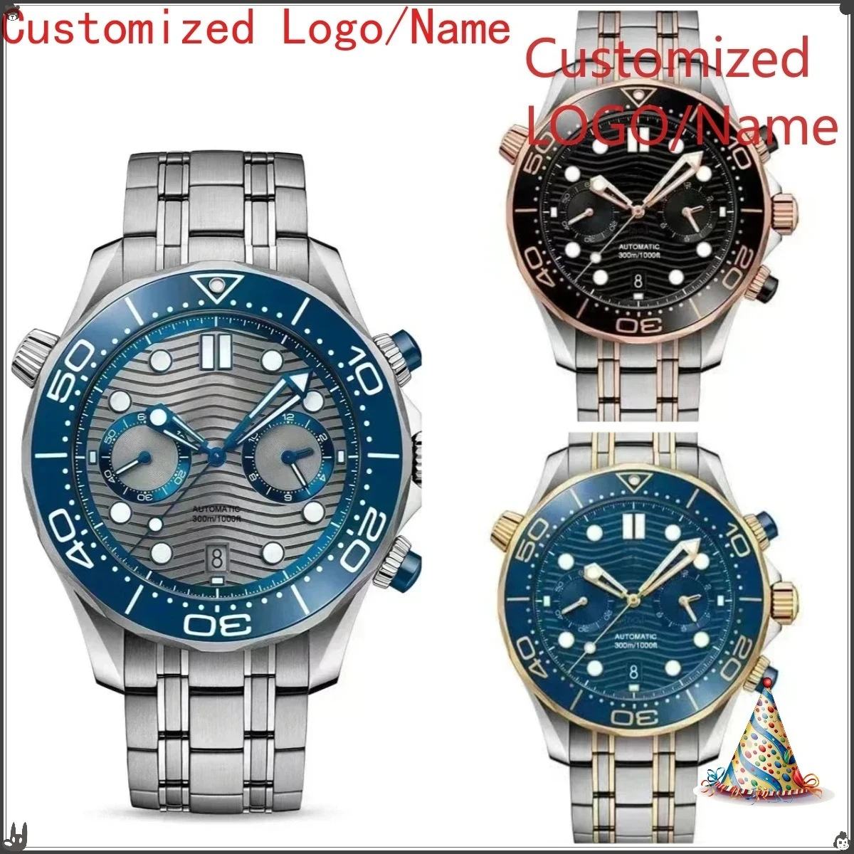 44mm Mens Quartz Chronograph Watch Luminous Rubber Black Blue Ceramic Rose Gold Stainless Steel Customized