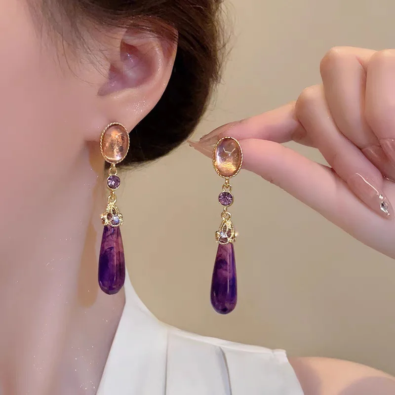 French Retro Irregular Geometric Resin Crystal Stud Earrings Creative Palace Style Purple Water Drop Earrings Party Jewelry Gift