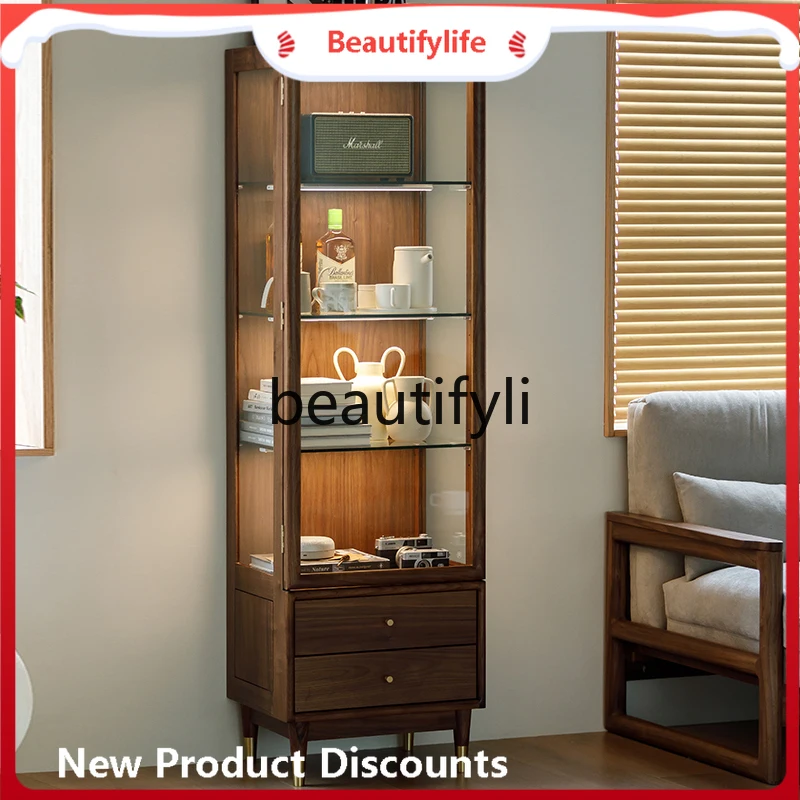 

J45 Black Walnut Wood Display Cabinet All Solid Wood Storage Cabinet Living Room Simple Modern TV Side Wine Cabinet