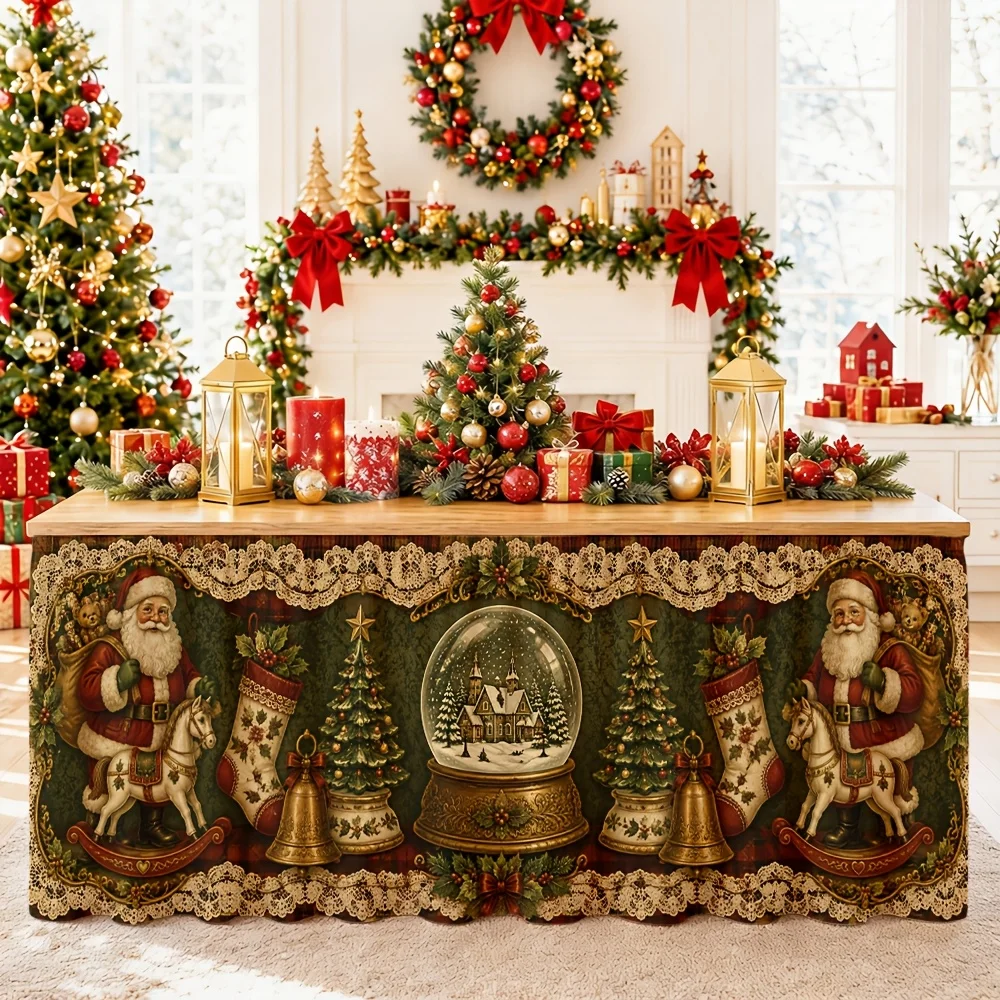 One tablecloth table skirt for holiday and Christmas decoration, featuring Santa Claus, reindeer, snowballs, trees and bells