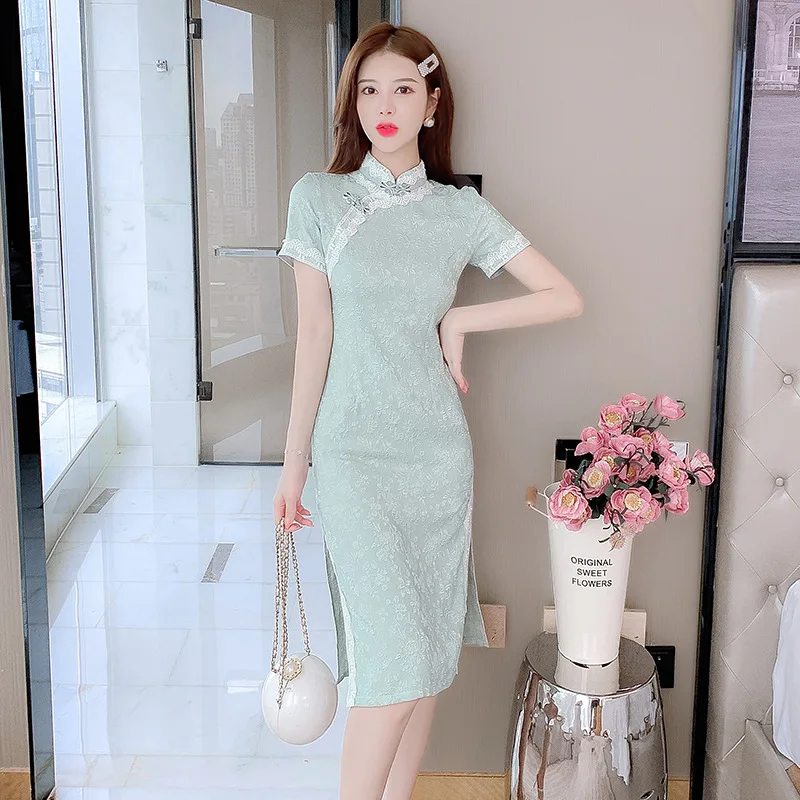 

FZSLCYIYI Summer Lace Applique Mandarin Collar Short Sleeve Jacquard Qipao Casual Party Women Dress Cheongsam