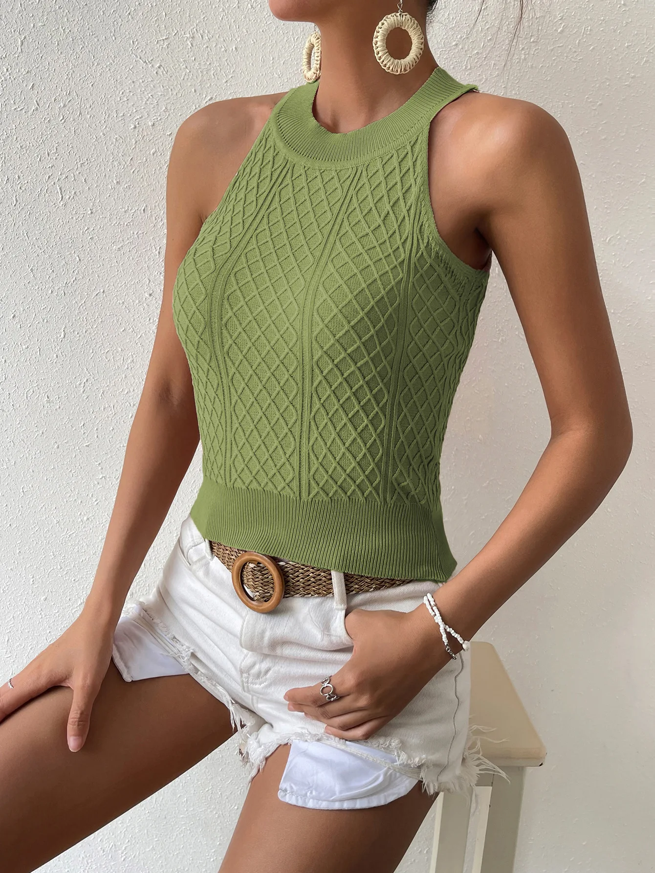 Summer New Fried Dough Twists Pattern Off Shoulder Slim Tank Top Knitted Top Women