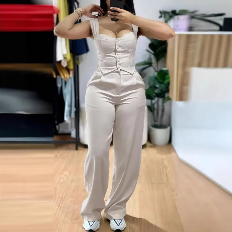 

Two Piece Sets Women Casual Strap Button Front Slim Fit Tank Top Loose High Waist Wide Leg Pants Women's Outfit Set Streetwear