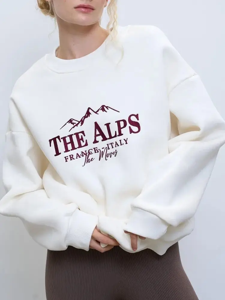 Grube polarowe miękkie bluzy Amerykański styl retro z nadrukiem liter Okrągły dekolt Biała bluza z kapturem Luźna damska bluza na jesień i zimę