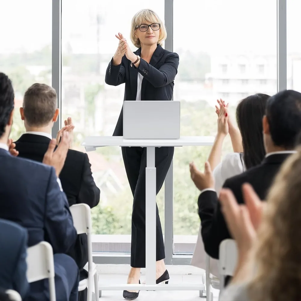 Mobile Standing Desk with Wheels, Adjustable Height Computer Workstation for Home Office, 19 Inch Modern White