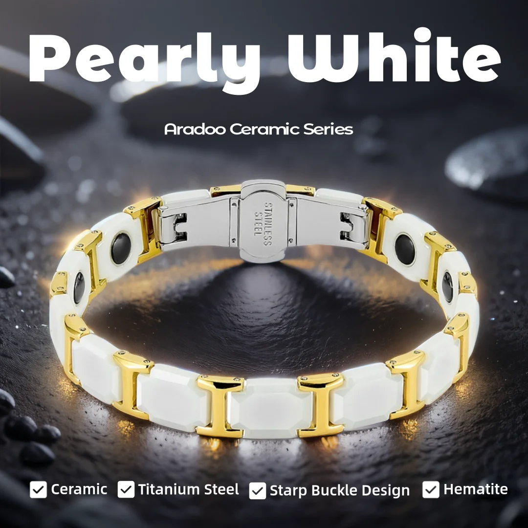 ARADOO Pearly White Ceramic Titanium Steel Bracelets Strap Buckle Hematite Magnetic Power Wristband