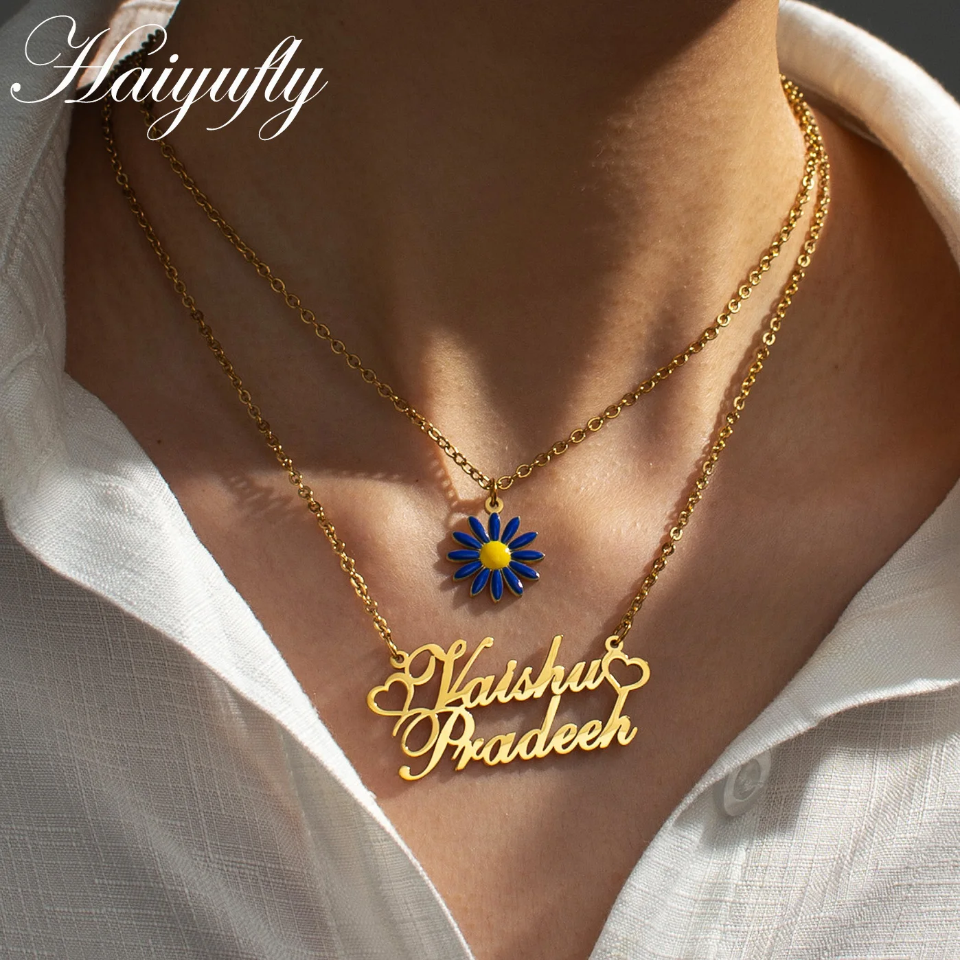 Haiyufly Custom Name Necklace for Women Stainless Steel Personalized Color Oil Flower Handmade Nameplate Link Chain Jewelry Gift