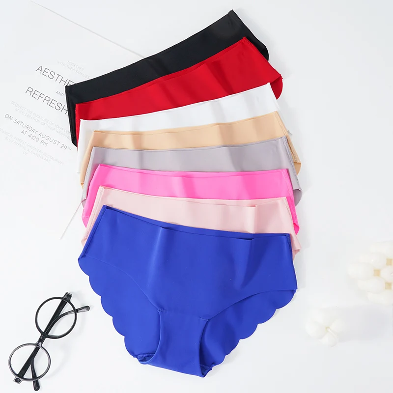 5Pcs/Set Seamless Ice Silk Panties For Women Intimate Comfort Briefs Large Size 2XL Solid Color Wave Underpants Female Lingere