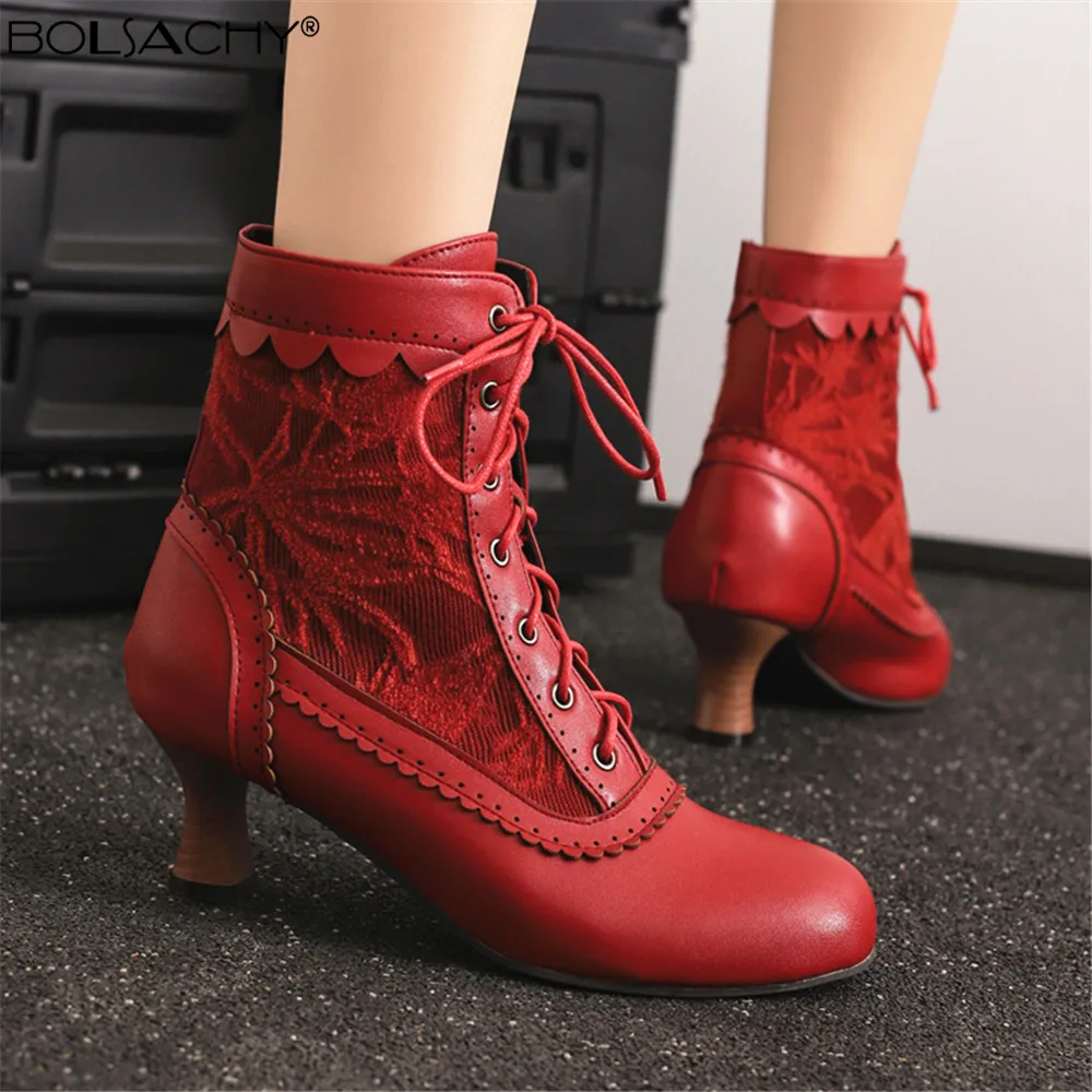 2026 New Lace Up Ladies High Heel Shoes Strange Steampunk Boot Victorian Ankle Boots Women Pointed Toe Thick Soled Short Boots