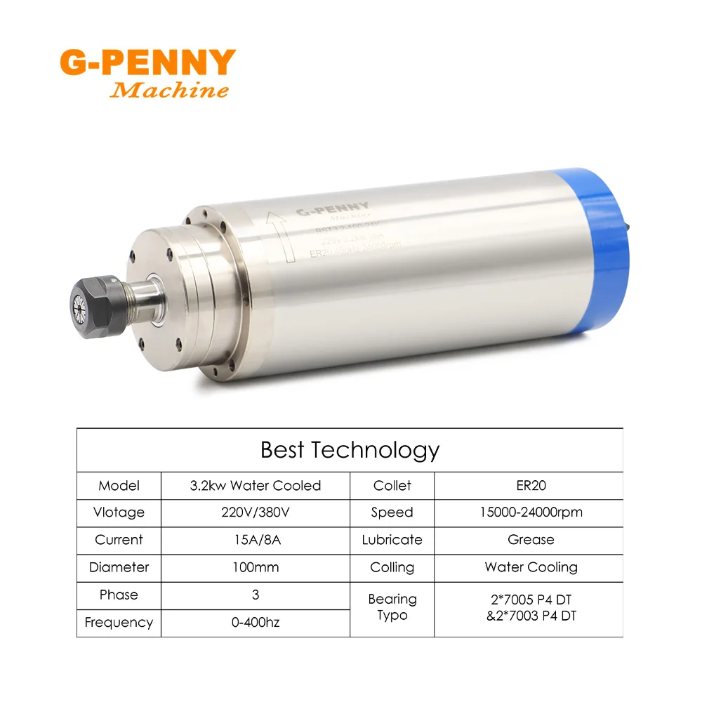 G-PENNY 3.2kw ER20 แกนระบายความร้อนด้วยน้ํา 4 pcs แบริ่งเซรามิค 0.01 มม.ความแม่นยํา & BEST อินเวอร์เตอร์ & 100 มม.และปั๊มน้ํา