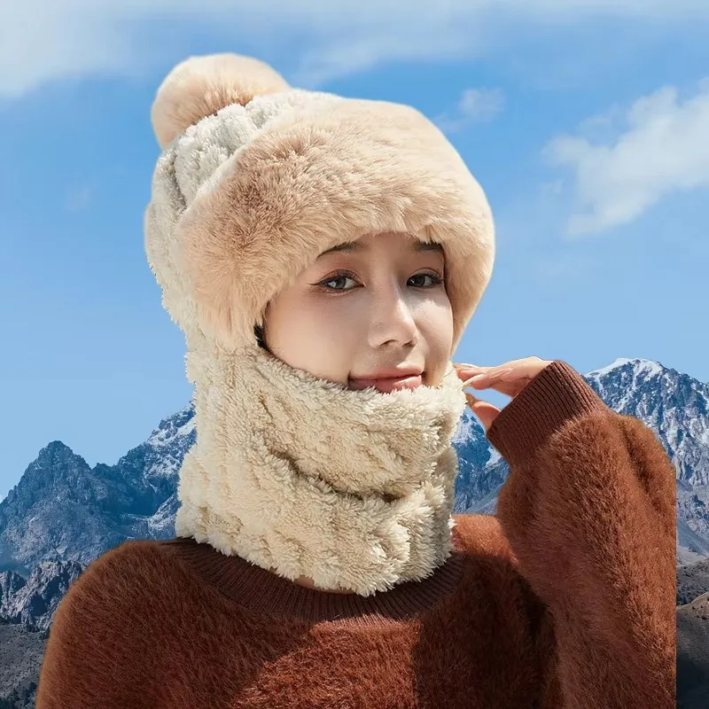 Women's Winter Plush Hat with Integrated Scarf and Mask Warm Fleece Lined Thermal Hooded Balaclava Outdoor Activities