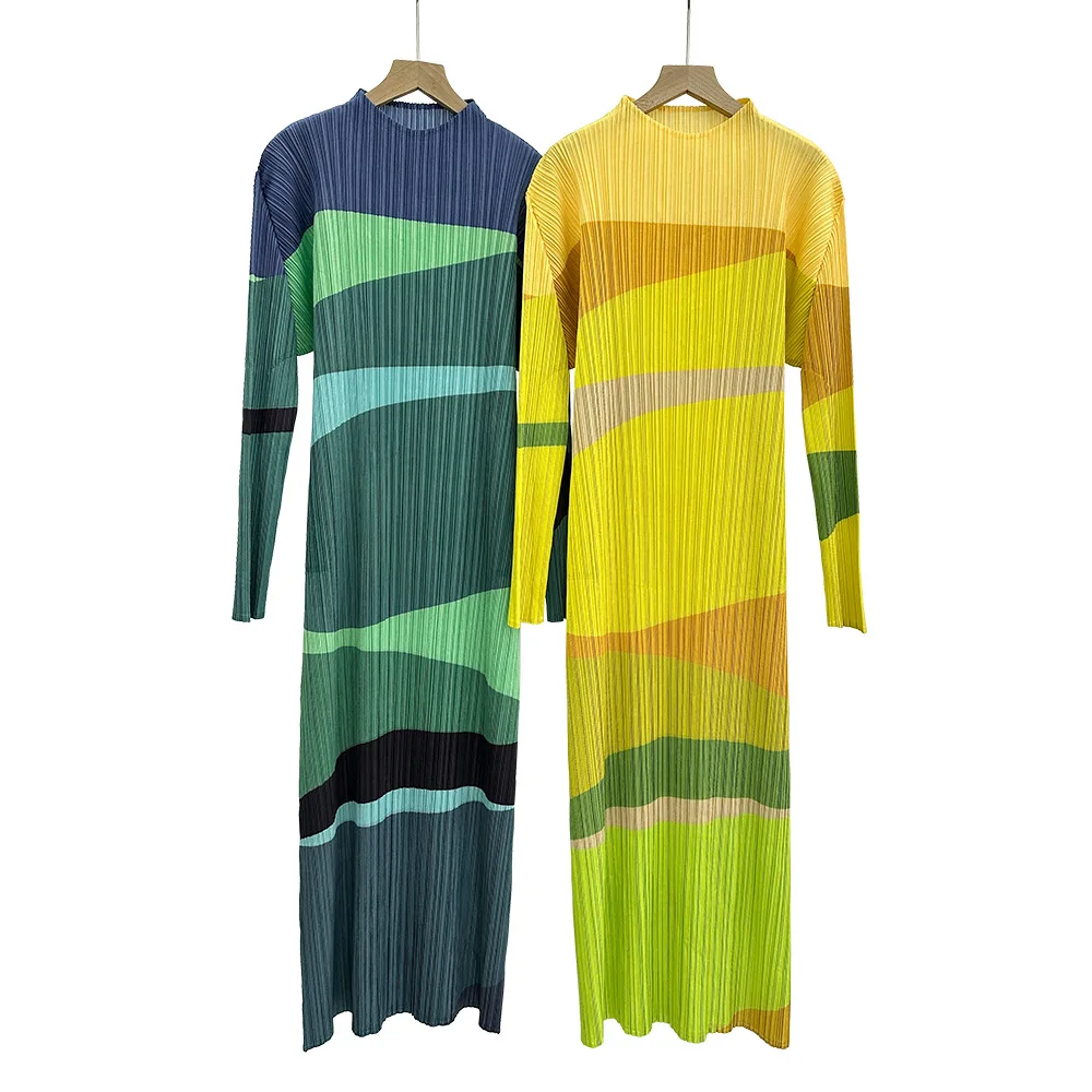 Fold Miyake Pleated Maxi Dress Women Long Sleeve Wave Colorblock 2026 Spring Autumn Trendy Elegant Everyday Glam Essential Piece