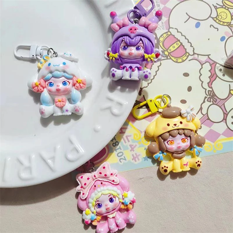 Large Cartoon Girl Crossdressing Sanrio Sweet Keychain Cute Kuromi Pochacco Kitty Keyring Pendant Bag Decoration Accessory Gifts