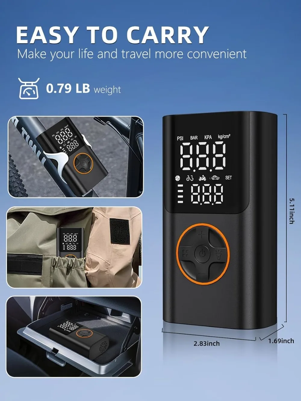 Picture 6: 150 PSI Tire Inflator Portable Air Compressor Cordless Mini Bike Tire Pump, Air Pump for Car with Pressure Gauge, LED Light