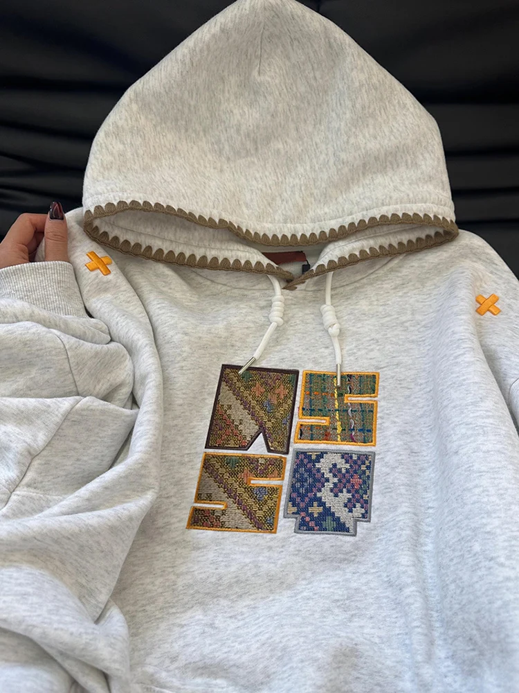 

Вязаная толстовка с вышивкой в американском стиле, женская весенне-осенняя свободная верхняя одежда для ленивых, шикарный дизайн, повседневная удобная