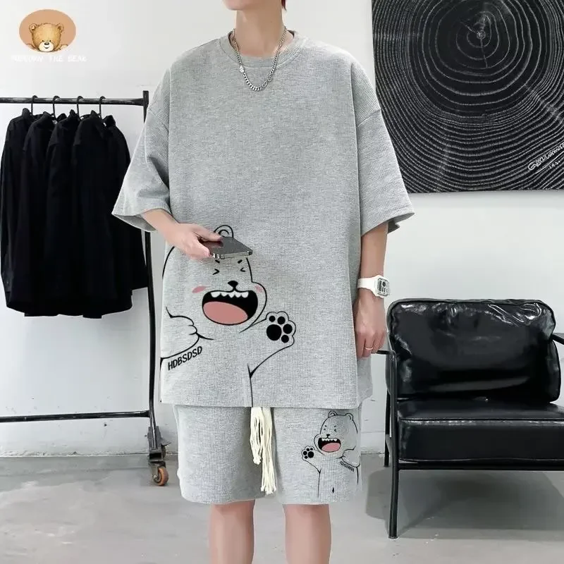 T-shirt et short pour hommes, ensemble de sport de grande taille 4XL, mode de rue japonaise, ensemble deux pièces, rétro, nouveau, col, vêtements de