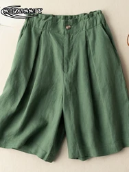 Cotton and linen shorts for women, casual, oversize, solid button, high waisted, green, fashion, summer