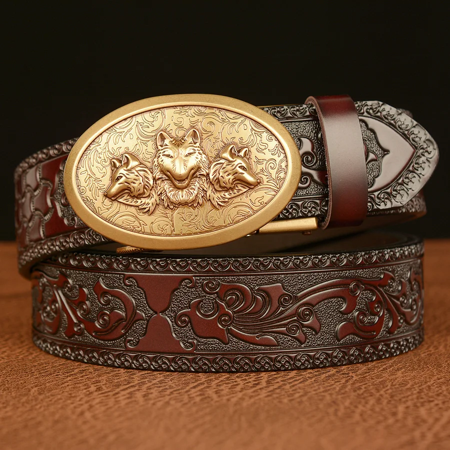 

Retro automatic buckle men's cowhide belt, fashionable carved personalized belt, hungry wolf legend casual men's belt