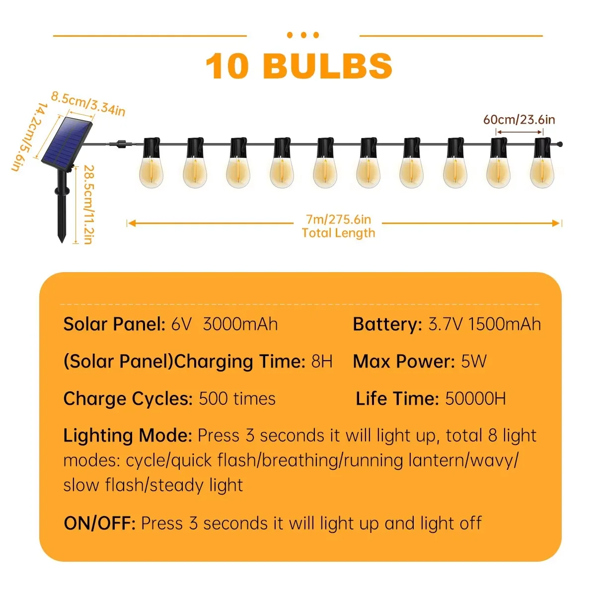 Solar RGB S14 String Lights, Waterproof E27Shatterproof Bulbs, Outdoor Indoor Christmas Holiday Hanging Lights forBackyard Party