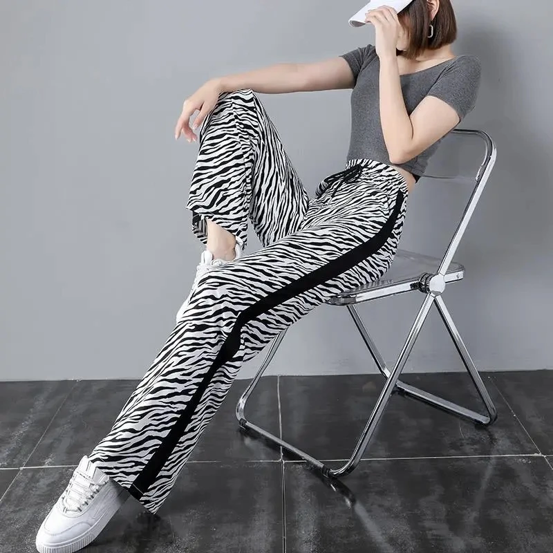 

Female Clothing Spring Summer Vintage Black And White Pattern Pants Women's Fashion Zebra Print Straight Wide Leg Pants Trousers