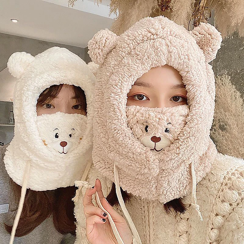 Women Cute Bear Ear Beanies Hat Kawaii Winter Warm Thick Fleece Bobble Hat Fluffy Fuzzy Hats Scarf Caps