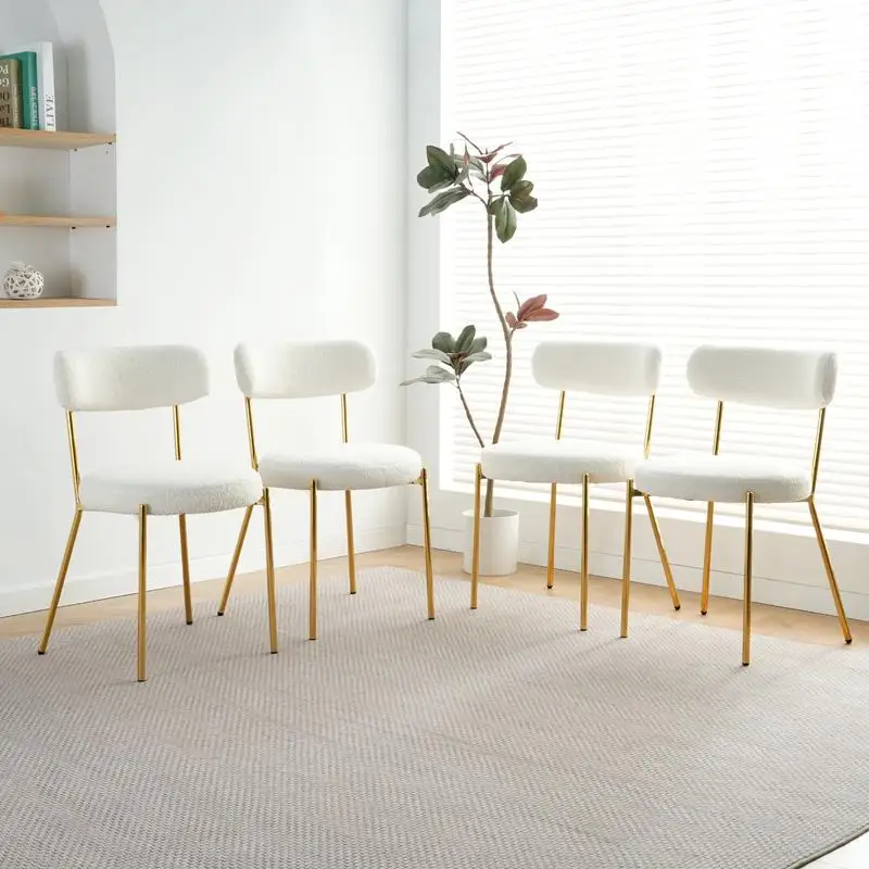 طقم كراسي طعام حديثة مكون من 4 قطع، قماش تيدي أبيض، أرجل ذهبية، كرسي غرفة نوم المطبخ المنزلي البسيط، كرسي الملابس وكرسي الطلاب #1