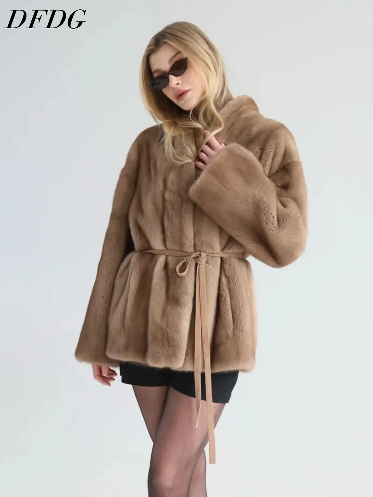 DFDG Women 2026 Belted Faux Mink Fur Coat Stand Collar Long Sleeve Loose Fluffy Warm Winter Luxury Ladies Outerwear Fur