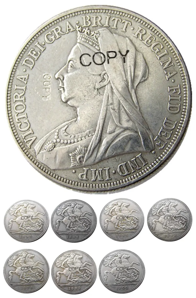 A set of(1893-1900) 7pcs Great Britain silver crown Queen Victoria veiled head Silver Plated Copy coin