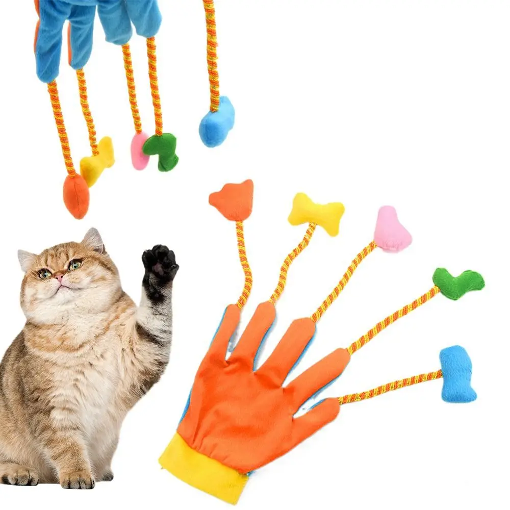 

Soft 5-Finger Gloves Kitten Toy Bite Resistant Colorful Cat Teasing Gloves with Bell Sounding Cat Plush Toy Gloves