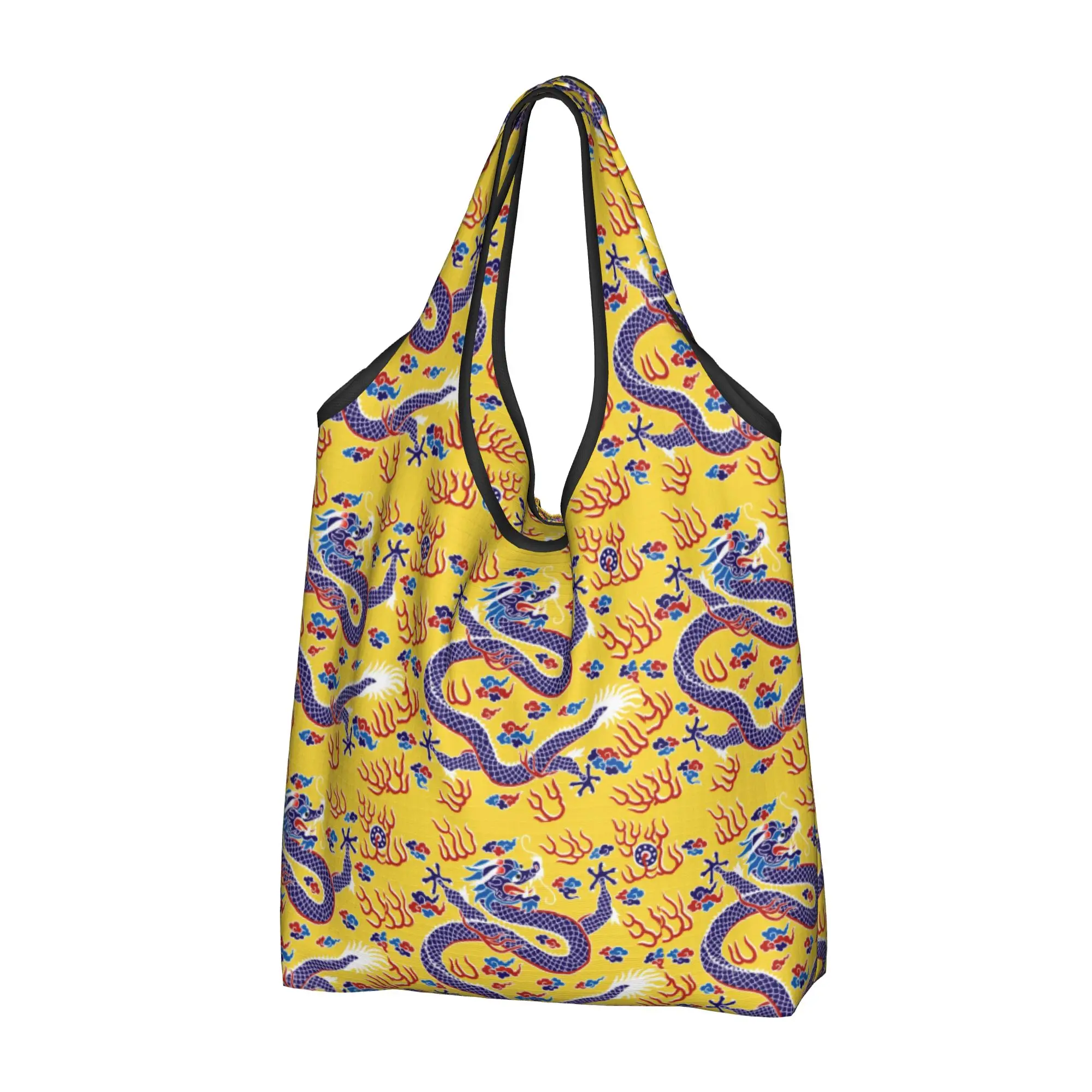 Kawaii Print Vintage Chinese Style Dragon Art Shopping Tote Bags Portable Shoulder Shopper Tradition Asian Myth Handbag
