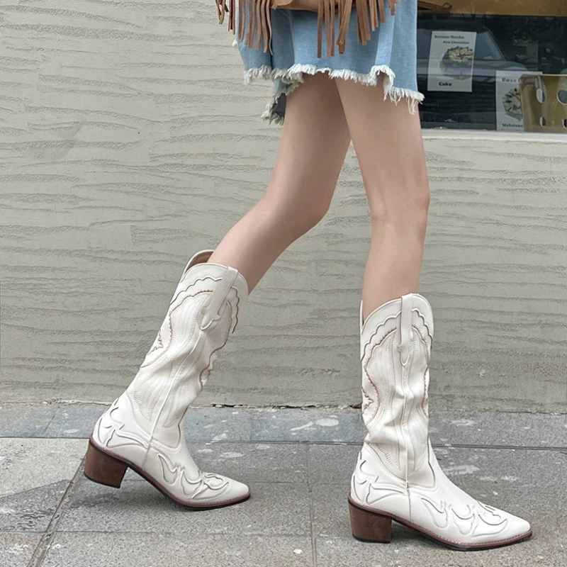 

Lucyever White Cowboy Boots for Women Embroidery Pointed Toe Mid Calf Botas Female Slip On Thick Heels Cowgirl Boots Woman