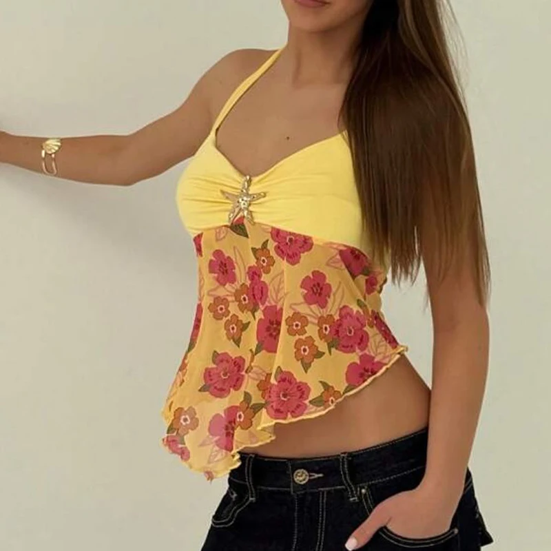 الأزهار المرقعة عارية الذراعين التعادل الرسن المحاصيل القمم نجم البحر المعادن ديكور كاميس Y2k بوهو عطلة أكمام سليم صالح سترة النساء