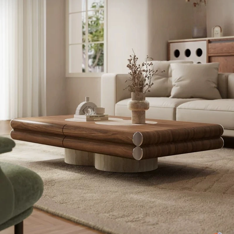 Mid-Century Modern Coffee Table with Walnut Wood Veneer, Travertine Inlay and Built-In Drawers for Small Living Rooms